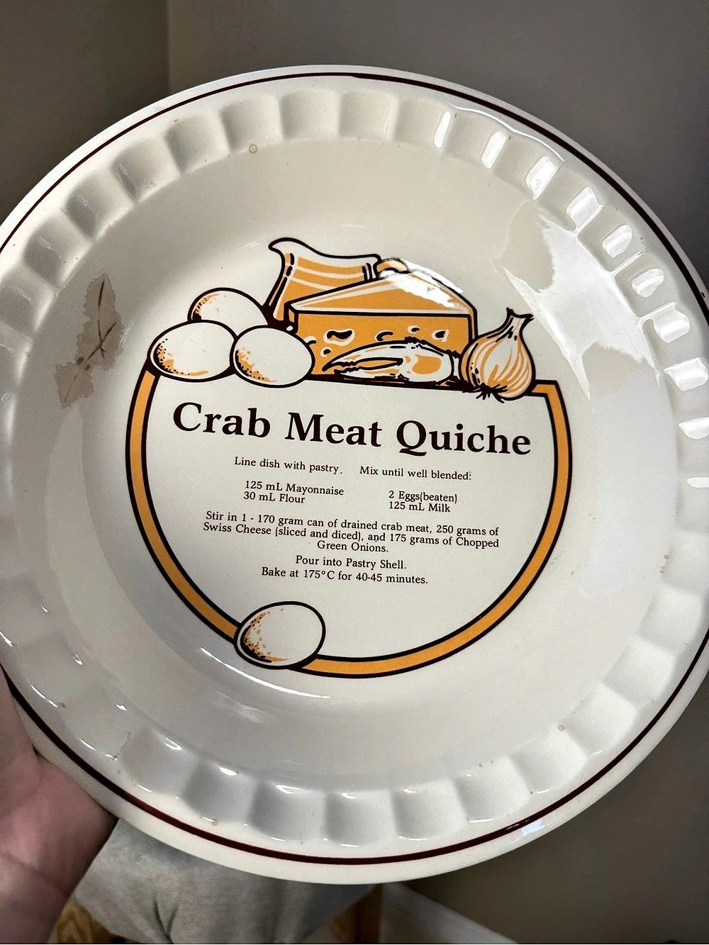 C.E. SPRINGER Vintage Crab Meat Quiche Recipe Ceramic Pie Plate Retro Kitchen